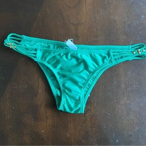 Pilyq Jade Green Braided Teeny Ruched Back Bikini Bottoms, Size S, NWT